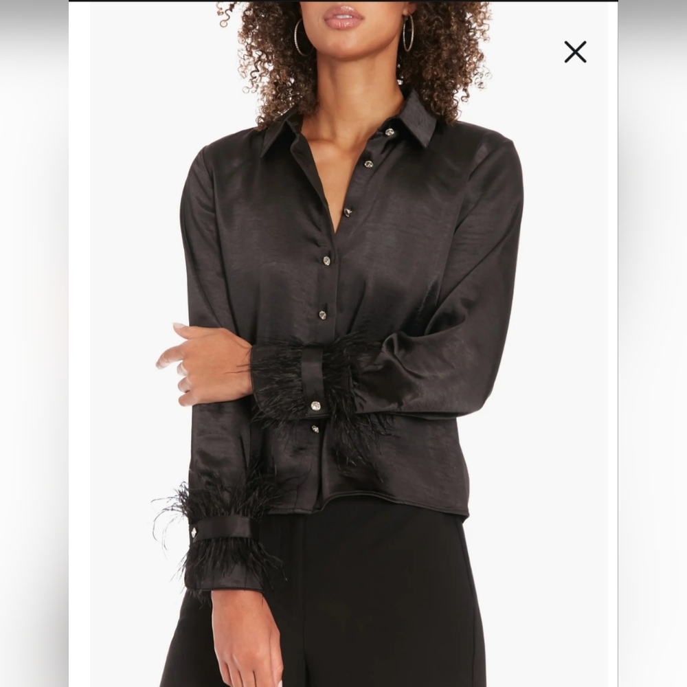 MUSE WOMEN'S BLACK SATIN FEATHER TRIM BUTTON UP BLOUSE SIZE 4 & 6 NWT